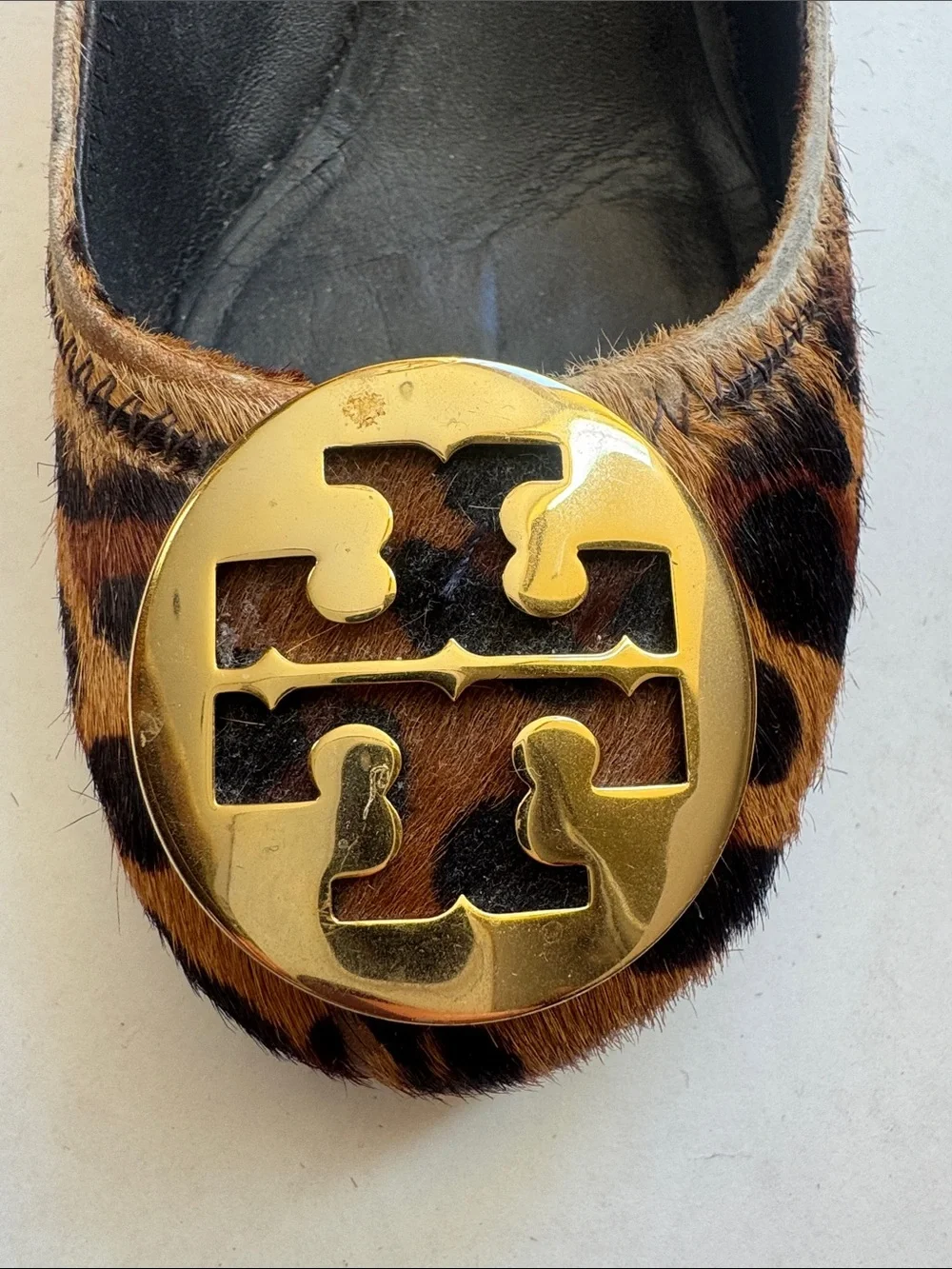 Tory Burch Leopard Calf-Hair Flats with Gold Logo Medallion
